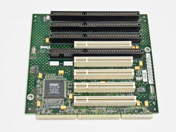 Dell 82356 GX1 riser card front view showing 4 ISA slots, 5 PCI slots, Dell logo, and main controller IC