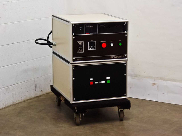 Sorensen DCS 8-350 DC power supply stacked with James River Products 11AC timer controller on casters – front three-quarter view