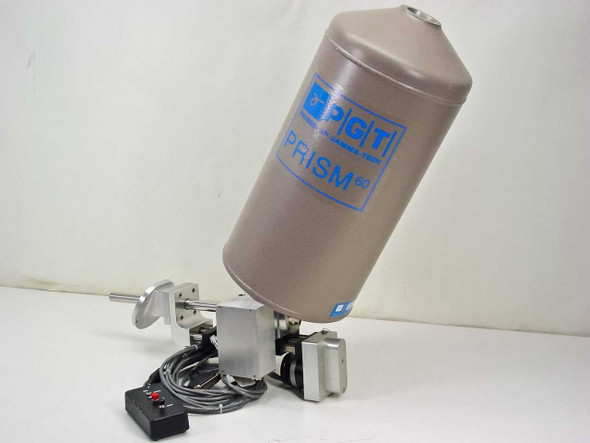 PGT PRISM60 EDS X-ray detector full assembly, right side view showing motorized stage, stepper motor, and control box with cable
