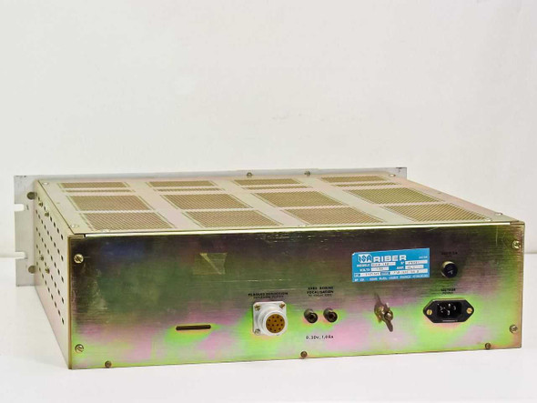 Riber HEED 510 Optical Power Unit — rear panel view showing multi-pin circular deflection connector, focus coil outputs, IEC power inlet, and blue Riber rating label