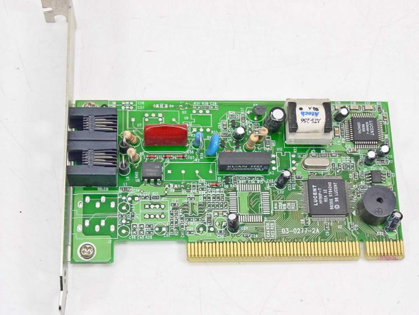 Actiontec PM560LH PC156019 PCI 56K modem card – front view showing Lucent chipset IC, dual RJ-11 ports, and red component