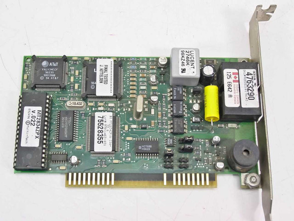 MultiTech MT2834ZPX 8-bit ISA modem card — top/component side showing AT&T controller IC, Lucent chip, and ISA edge connector