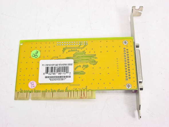 NetMos E119801 PCI Parallel Port Card rear PCB view showing barcode label and PCI edge connector