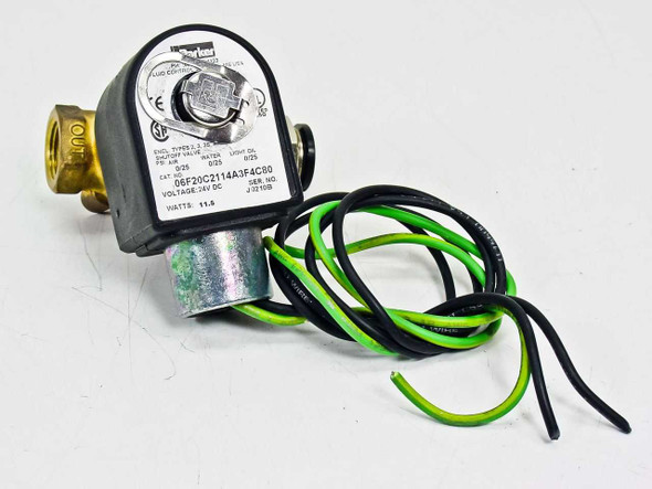 Parker 06F20C2114A3F4C80 solenoid shutoff valve – three-quarter front view showing solenoid coil housing, label, and brass body with lead wires