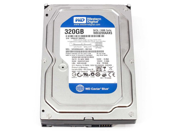 Western Digital WD3200AAKS Caviar Blue 320GB SATA 3.5 inch hard drive — top label view showing model and specs