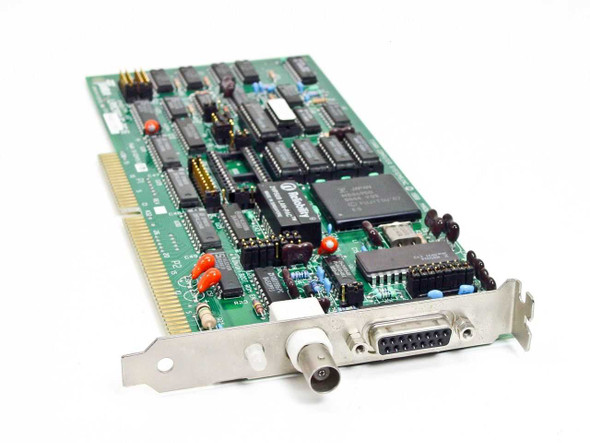 Tiara Lancard/E-PC 16 15-00415-3 16-bit ISA Ethernet NIC — angled top view showing PCB components, BNC and AUI bracket connectors