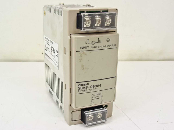Omron S8VS-09024 switch mode power supply – front/left angle view showing input and output terminal blocks and label