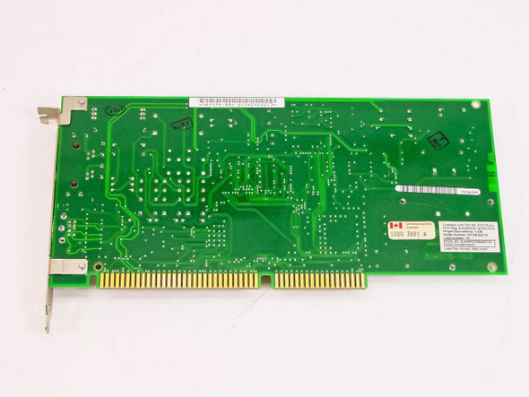 Intel PCCB 6201A ISA modem card — PCB back side view showing solder side, board markings, and FCC compliance label