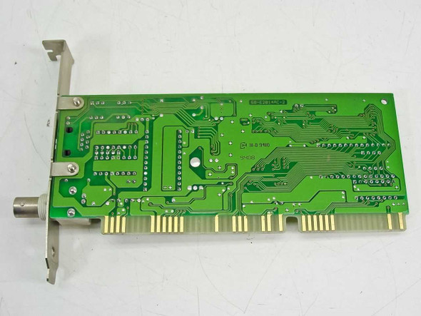 Winbond 60-E2014AC-2 ISA network card PCB reverse side showing solder points and card slot bracket with BNC port