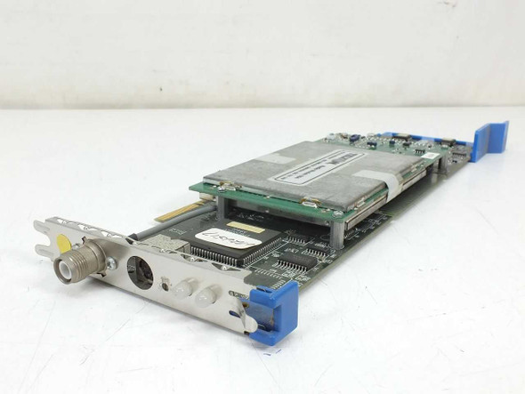 Telxon DS29672 Dataspan RS-485 Router MCA Card 18697-000 – angled front view showing faceplate with coaxial and port connectors and blue card ejector tabs