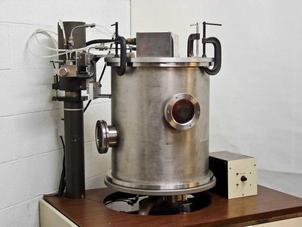 Ion Tech ID-3500 stainless steel 16x22 bell jar chamber on wood-topped cart with substrate rotation drive box and gas line fittings