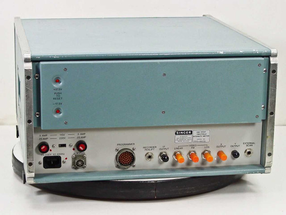 Singer Stoddart NM-37/57 EMI Field Intensity Meter – rear panel showing IEC AC inlet, fuses, programmer multi-pin connector, IF output, linear, video FM, log, X output, Y output, and external scan BNC connectors