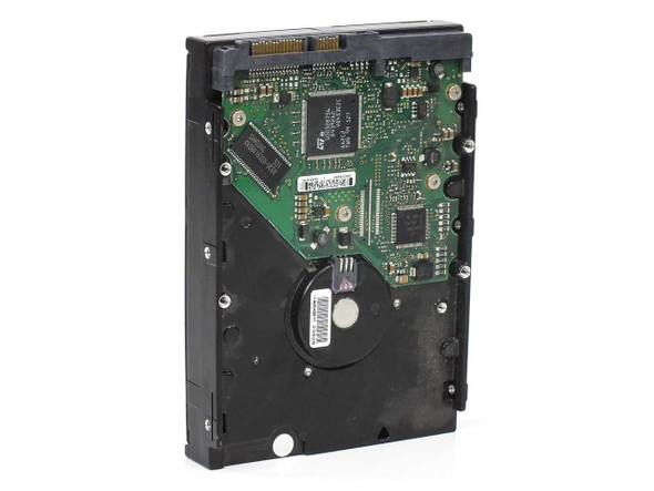 Seagate Barracuda ST380013AS 80GB hard drive — PCB/controller board view from below showing green circuit board and SATA connector at top