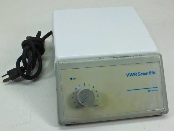 VWR Scientific 360 Magnetic Stirrer front panel with speed control dial, Off to High positions 1–5, and power cord