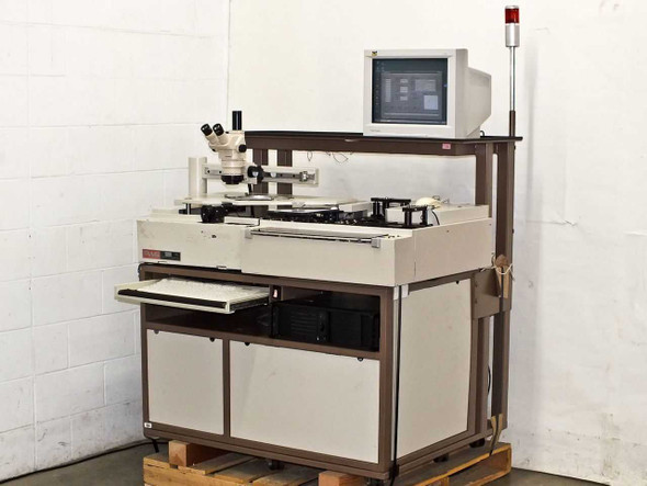 Pacific Western Systems P5NMS semi-automatic wafer inspection prober full system view with Olympus stereo microscope and monitor on pallet