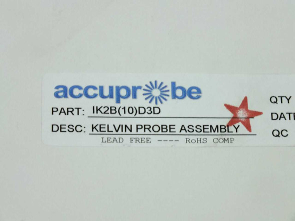 Close-up of Accuprobe label on box showing part IK2B10D3D, description Kelvin Probe Assembly, Lead Free RoHS Comp