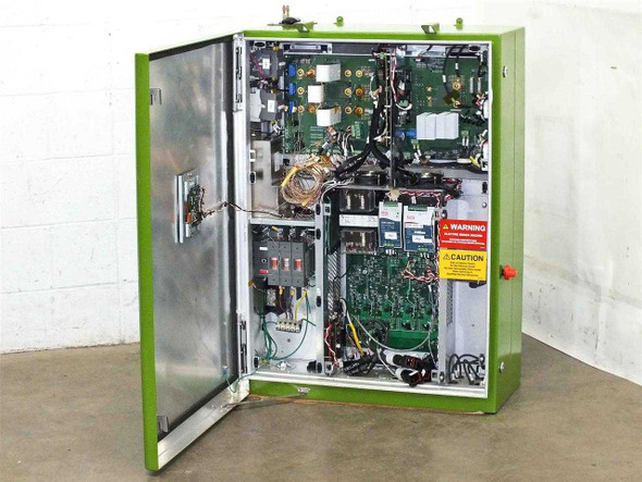 GreenVolts GV-SCP001 inverter – interior view with cabinet door open showing full electronic assembly, control boards, contactors, and wiring