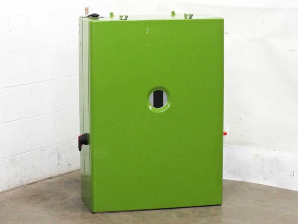 GreenVolts GV-SCP001 16kW grid-tie solar inverter – front panel view, closed green cabinet door with circular window cutout