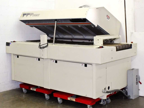 Vitronics ISO5006 solder reflow oven — right-side three-quarter view with hood open, mounted on red casters