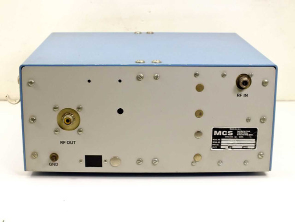 MCS MTN500 rear panel showing RF OUT coax connector, GND terminal, RF IN coax connector, and MCS Mercator Control Systems rating label