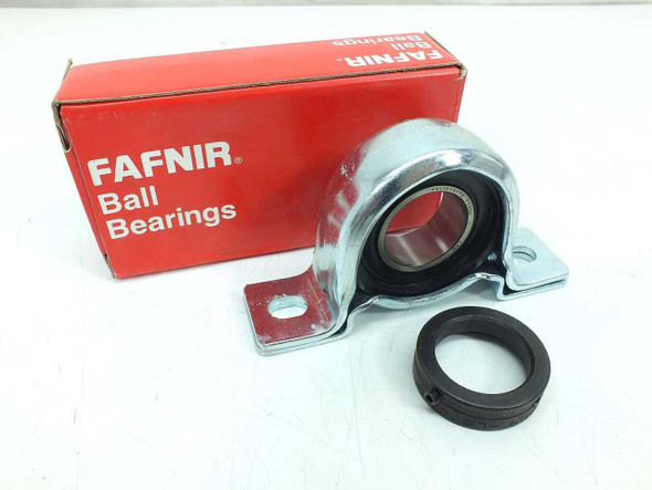 Fafnir LRPB 1-3/16 pillow block bearing shown next to red Fafnir Ball Bearings box with self-locking collar ring beside it
