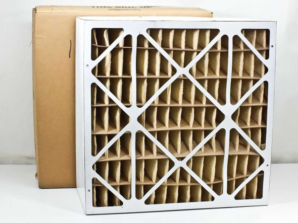 Purolator AC95SE-4412 Aero-Cell air filter rear face view showing deep-pocket pleated media and metal grid frame with cardboard box in background