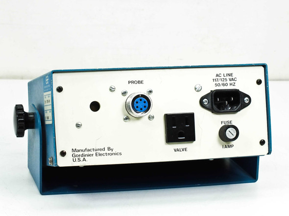 Gordinier Electronics 359 Cryogenics Timed Alarm — rear panel showing circular Probe connector, AC Valve outlet, IEC AC line inlet (117/125 VAC 50/60 Hz), and 1 Amp fuse holder