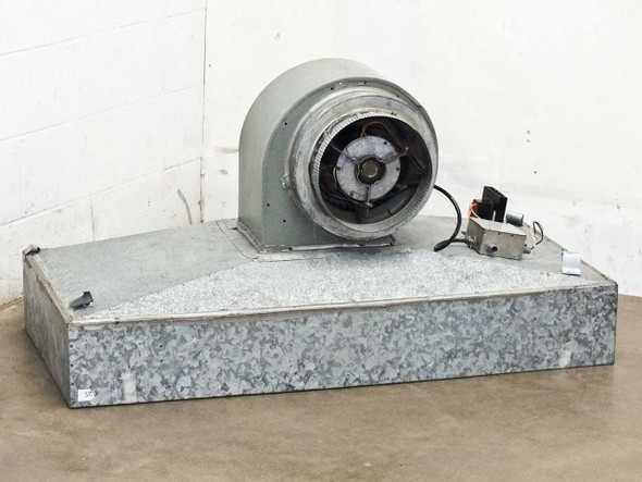 Emerson K55HXSAZ-8219 laminar down-flow hood — front-right view showing blower motor housing mounted on galvanized sheet metal filter plenum