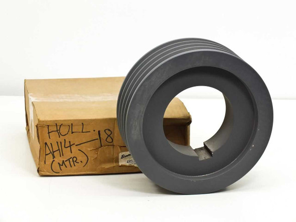 Browning 4R5V80 4-groove 5V bushing bore sheave shown beside original Browning cardboard box with handwritten inventory notation