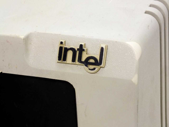Intel logo badge close-up on the front panel of the III514B Series IV Emulation System chassis