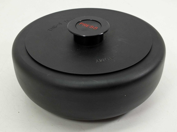 Tomy TMS-4 swing bucket centrifuge rotor with lid assembled, top view showing PRESS button and Tomy branding