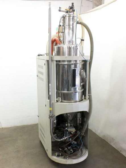 High Point plastic pellet air dryer loader — right side view showing stainless steel hopper, flexible hose, and lower plumbing assembly
