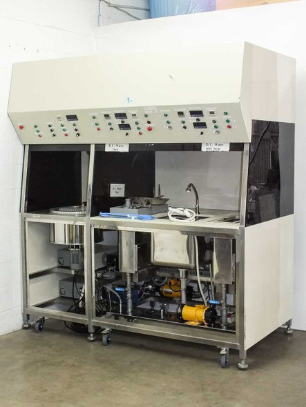 Disc Master ultrasonic cleaning bench with flow hood enclosure — full front three-quarter view showing dual cleaning zones and control panel