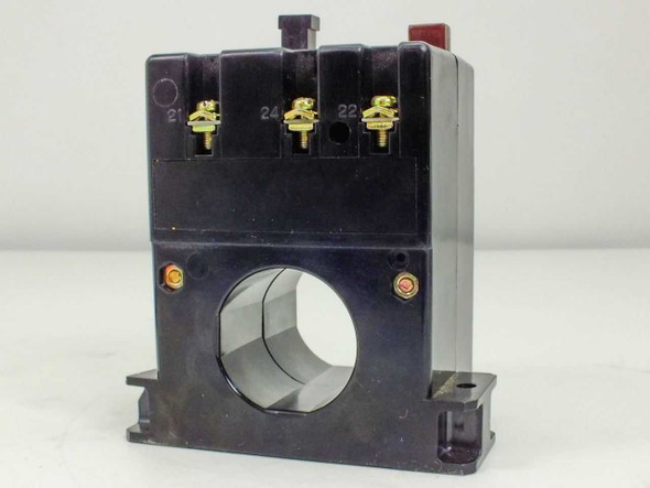 Fuji Electric BRR21N-01S Earth Leakage Relay – rear view showing three screw terminals labeled 21, 24, and 22, through-hole aperture, and DIN rail mount
