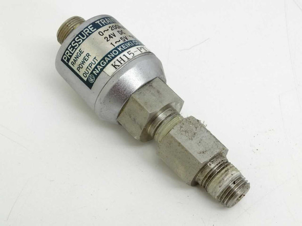 Nagano Keiki KH15-PT14-C-200 pressure transmitter side view showing label with range, power, and output specs