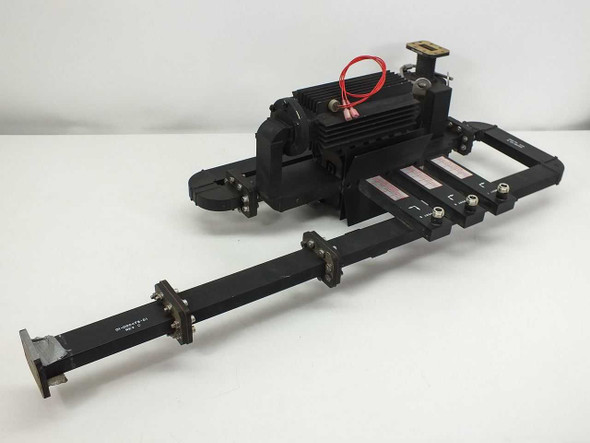 Varian VUJ-8527-01 C-Band Waveguide Load Metering Assembly – full assembly overview, angled left side view showing extended rigid waveguide arm, heatsink, and port labels
