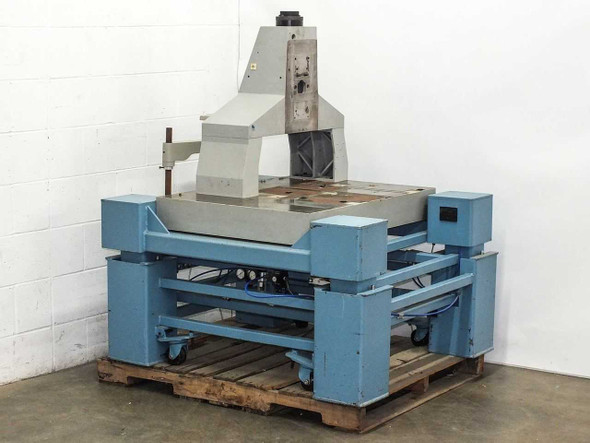 Anti-vibration optical isolation air table stand with mask aligner column, full left-front view on pallet with castors