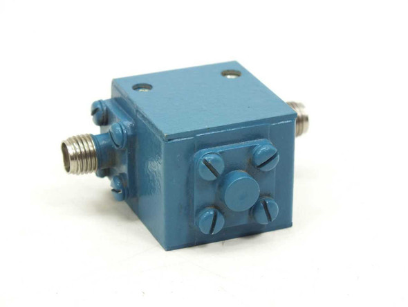 RYT Industries 201517 RF microwave isolator – rear/side angle view showing four-screw face plate and SMA connector port