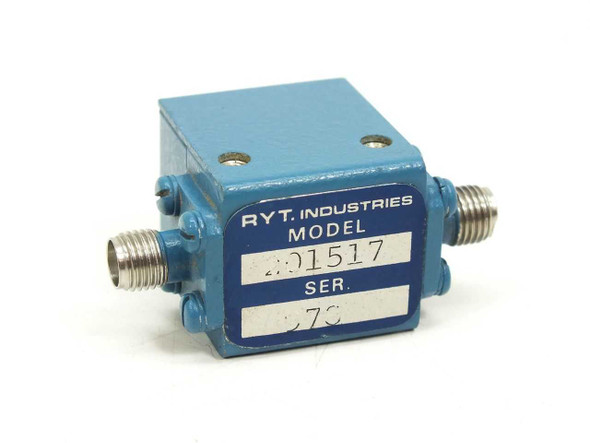 RYT Industries 201517 RF microwave isolator – front label view showing model and serial number on blue housing with SMA connector