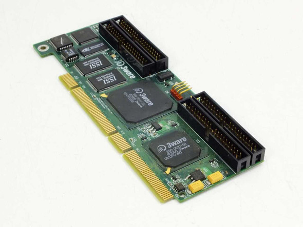 3ware Escalade 7500-4LP RAID controller card – reverse angled top view showing PCI edge connector, ISSI memory chips, and 3ware controller ICs