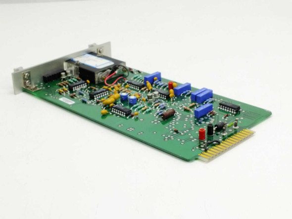 GasTech 24-0142 Input Module — rear three-quarter view showing PCB underside, transformer, DIP ICs, trim pots, and gold-finger card edge connector