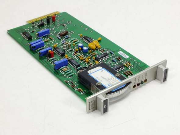 GasTech 24-0142 HF Gas Detection Input Module Card — angled top view showing PCB components, blue capacitors, ICs, and EIL analog meter assembly with front panel