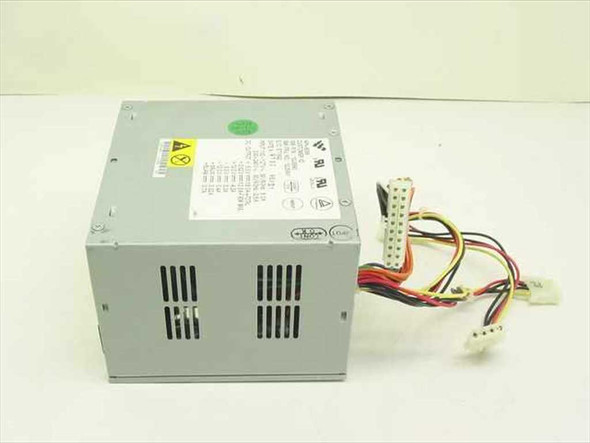 IBM 12J5991 API-6056 90W desktop power supply – front and right side view showing ventilation slots and output harness with 20-pin ATX, Molex, and floppy connectors