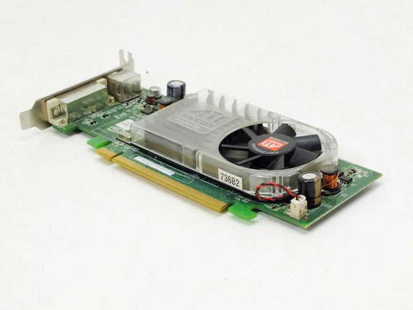 ATI Radeon X2400 low profile video card — opposite angled view showing fan shroud, PCIe gold edge connector, and bracket with DMS-59 and S-Video ports