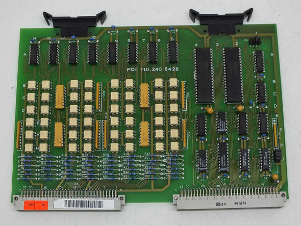 Netstal POI 110.240.5428 PCB board – top/component side showing DIP ICs, DIP switches, and edge connectors