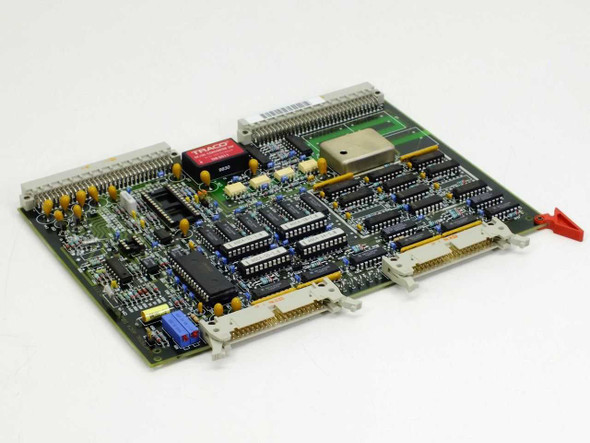 Netstal ASC4 110.240.7945 board – reverse top-side angle showing TRACO power module, edge connectors, and DIP IC array