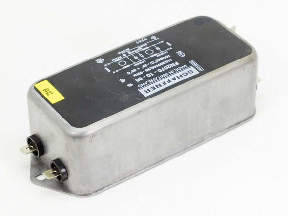 Schaffner FN2070-10-06 EMI filter – right-side three-quarter view showing opposite end terminals and label