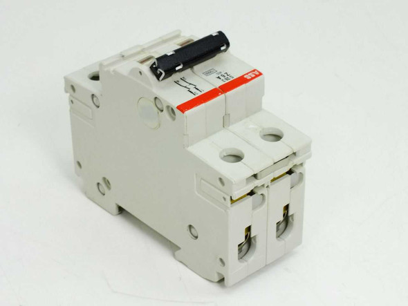 ABB S282 Z6A 2-pole circuit breaker — left-side angled view showing toggle handle and DIN-rail clip