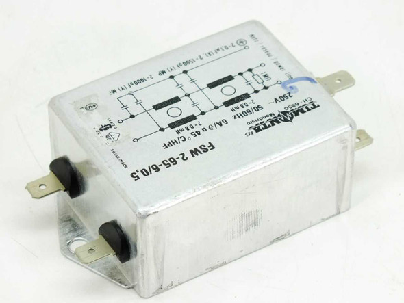 Timonta FSW 2-65-6/0.5 EMI suppression filter — opposite side view showing quick-connect tab terminals and circuit schematic