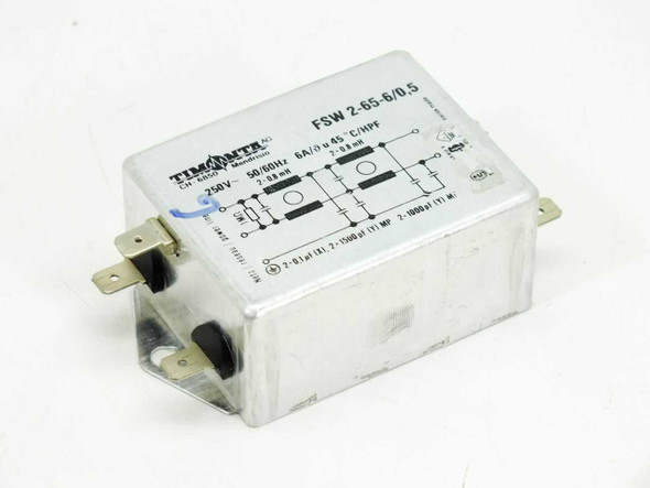 Timonta FSW 2-65-6/0.5 EMI suppression filter — top and front label view showing 250V 6A 50/60Hz ratings and schematic diagram